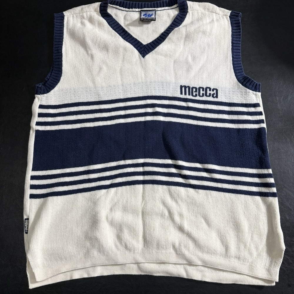 Vintage Mecca Sweater Vest Men's White Blue Striped V-Neck Sleeveless Y2K Sz XL